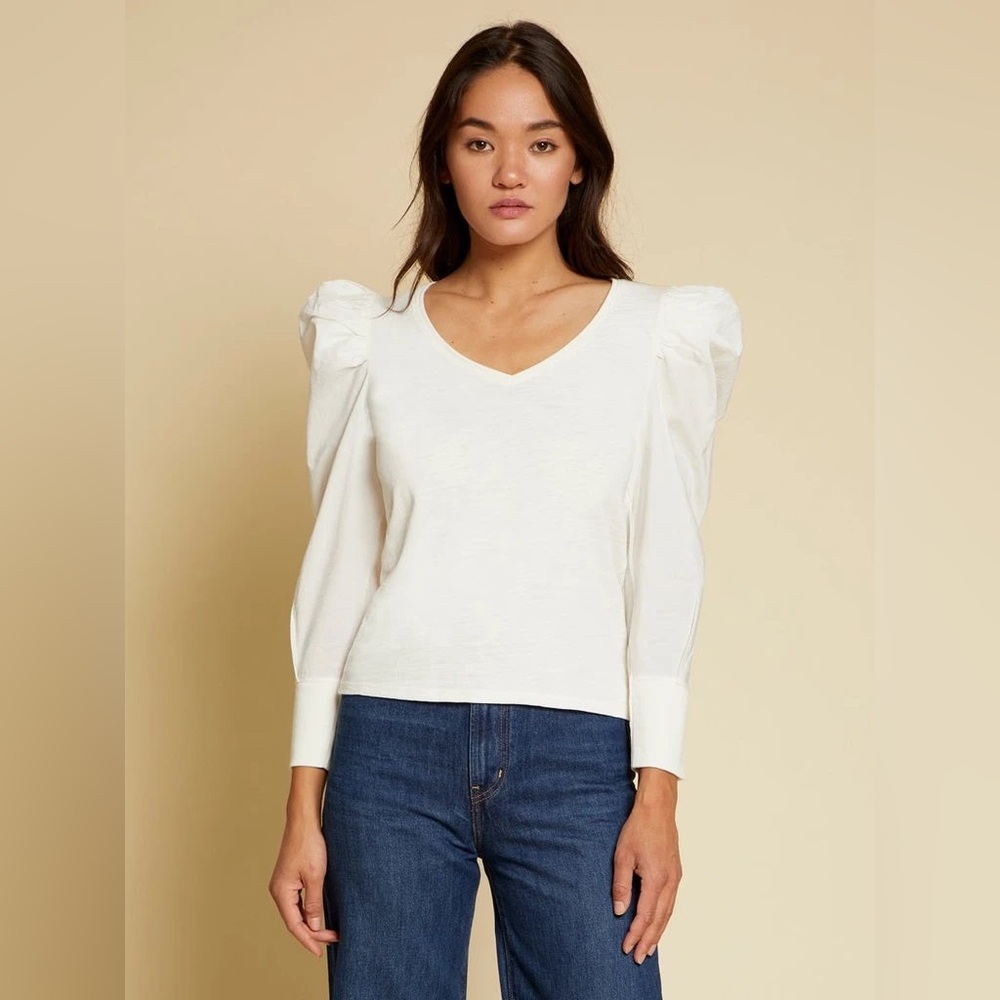 Nation Ltd Tee Top Womens  L Jenna Cuffed Button Puff Sleeve Boho Peasant Cream